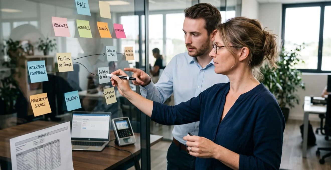 Deux professionnels cartographient sur une cloison vitrée les flux de données entre paie, temps et administration RH à l'aide de notes adhésives.