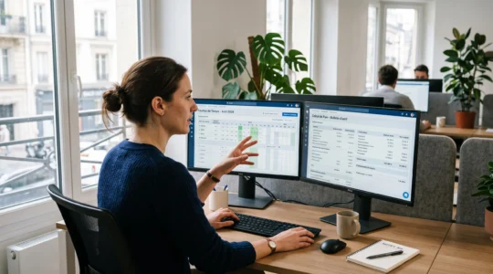 Une gestionnaire de paie consulte un logiciel combinant données de temps et de paie sur deux écrans dans un bureau ouvert.