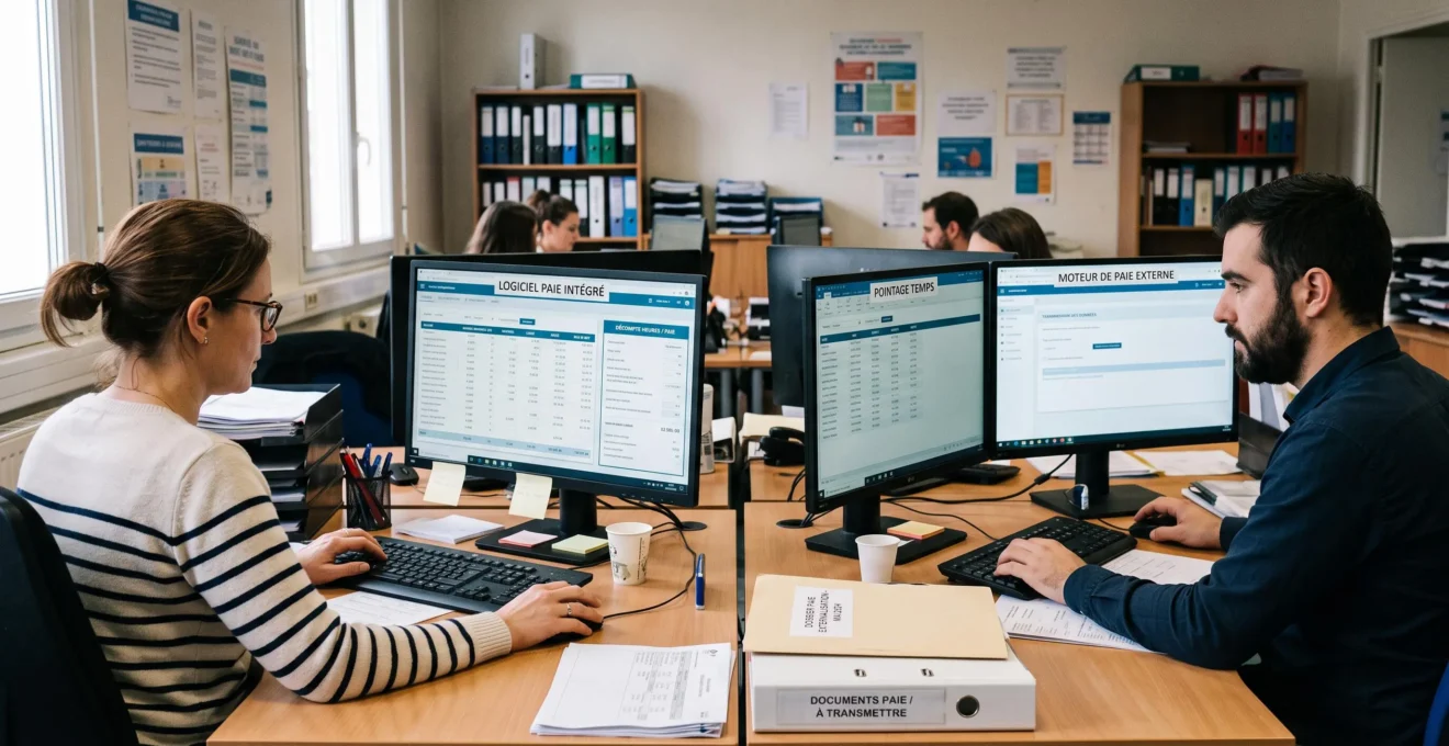 Deux postes de travail adjacents : l'un affiche une paie produite dans un logiciel unique, l'autre associe un outil de temps à un moteur de paie externe.